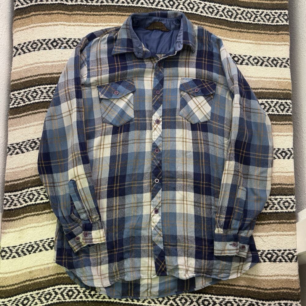 Men's Vintage 80's Sportsman Navy Blue Plaid Flannel Button Up Trail Shirt Sz XL